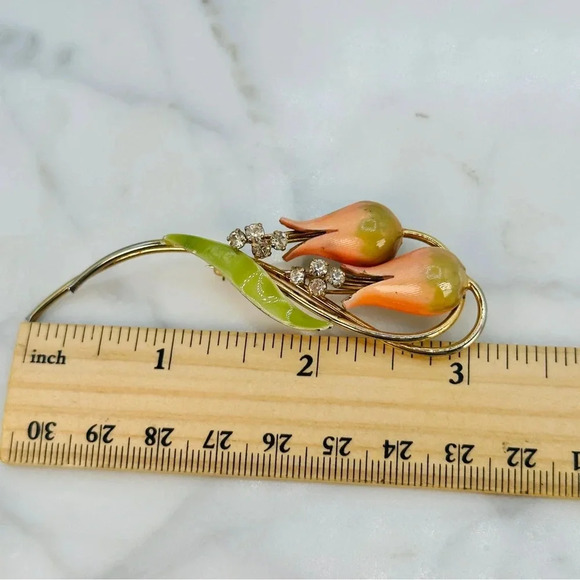 Vintage Flower Brooch Enamel Rhinestone PinTulip Lilly Long Peach Green … - Picture 9 of 11